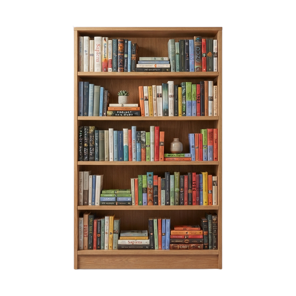 A wooden bookshelf with five shelves displaying a variety of colorful books and small decorative items.
