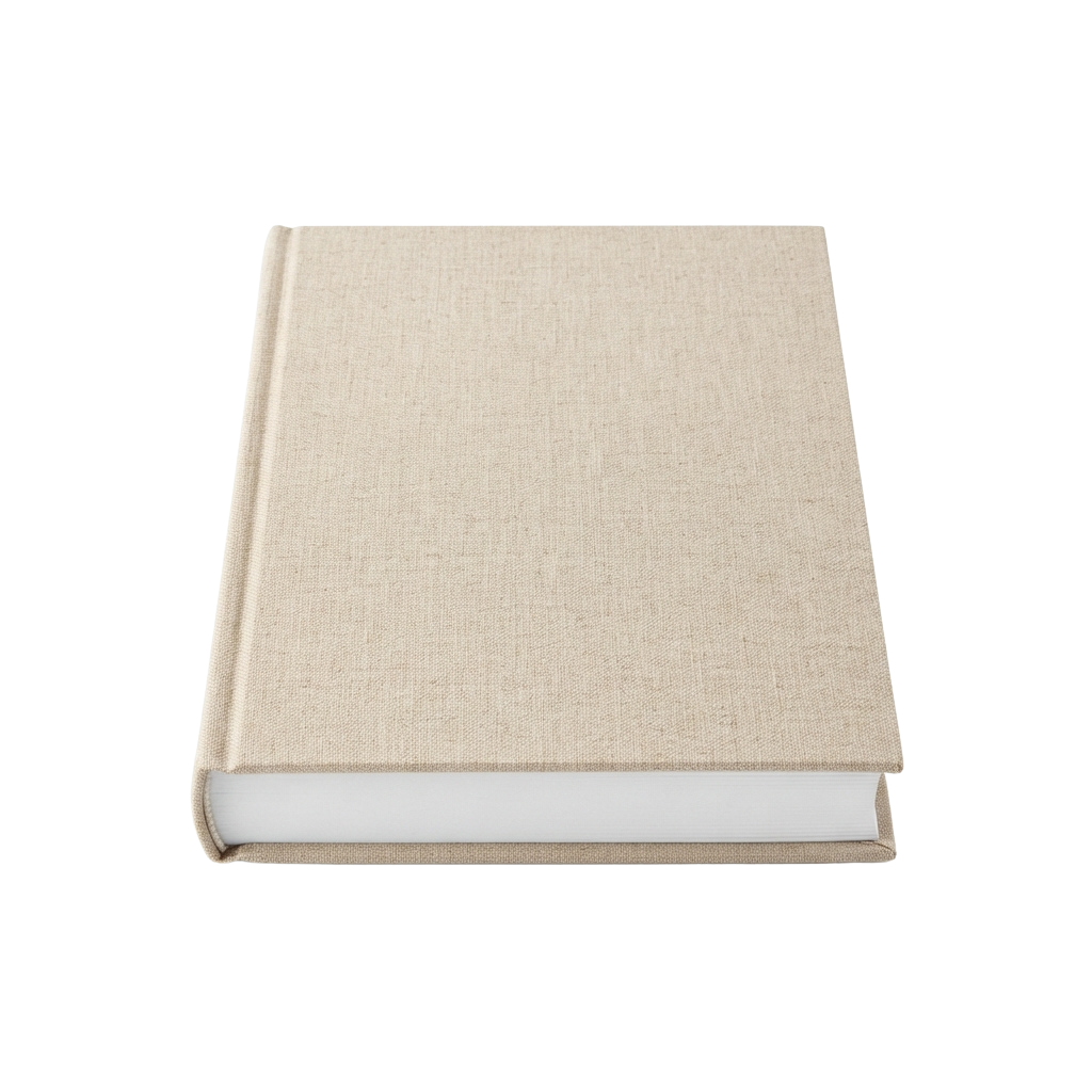 A closed beige cloth-bound journal with a white spine edge against a black background