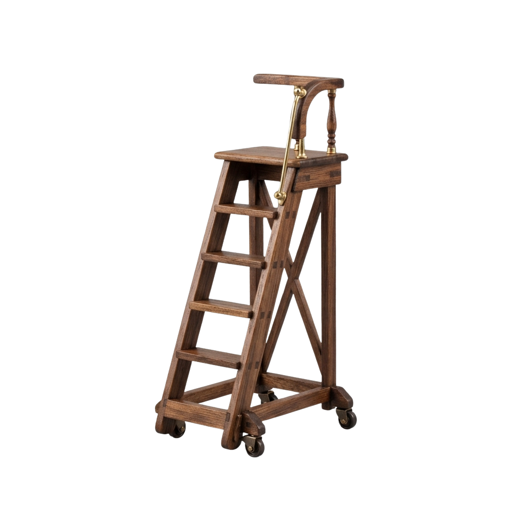 A wooden mobile step stool with four wheels and handrails for support