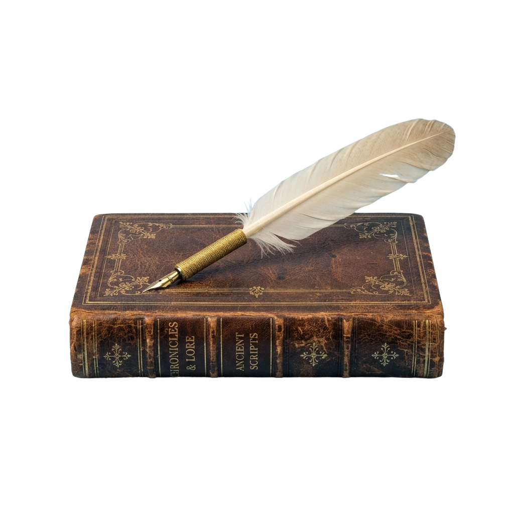 An antique quill pen with a feather resting on top of an old, ornate book titled Chronicles and Ancient Scripts