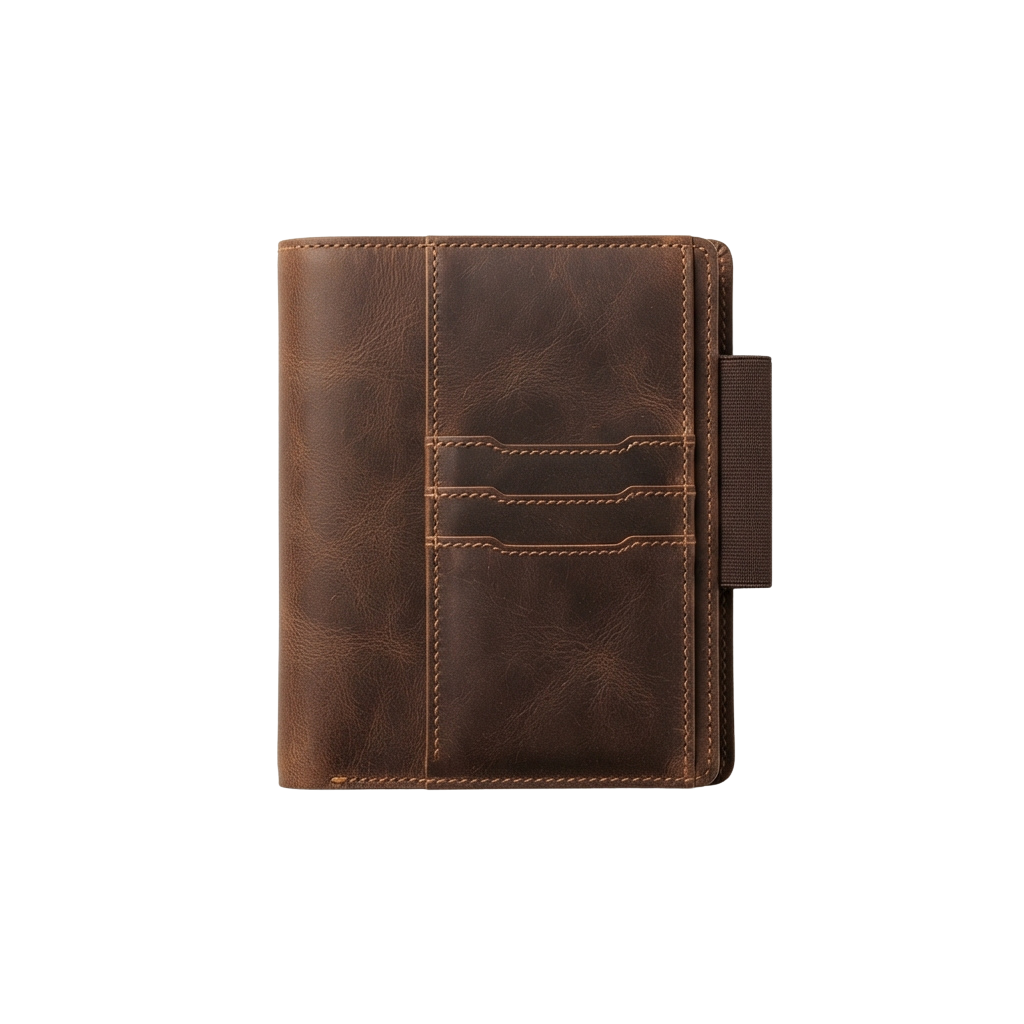 Brown leather binder open to reveal three card slots and an elastic band closure on the right side