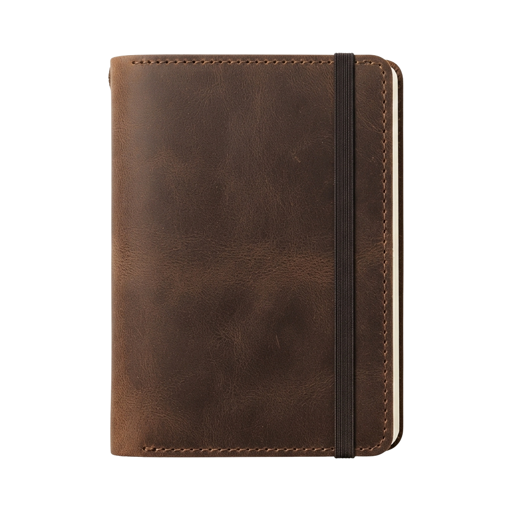 A brown leather notebook with an elastic band closure standing upright against a black background