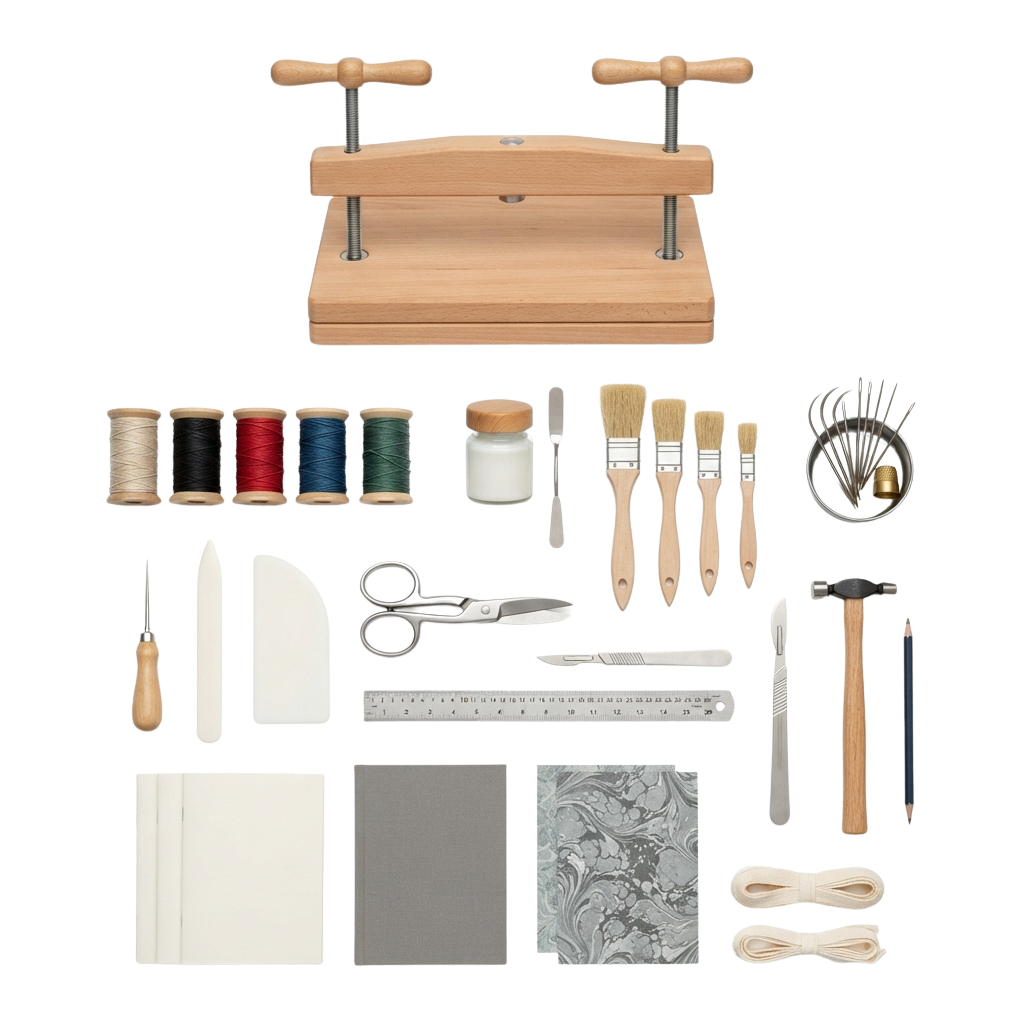 A collection of sewing and embroidery tools including needles, thread, scissors, brushes, hammer, and fabric samples on a black background