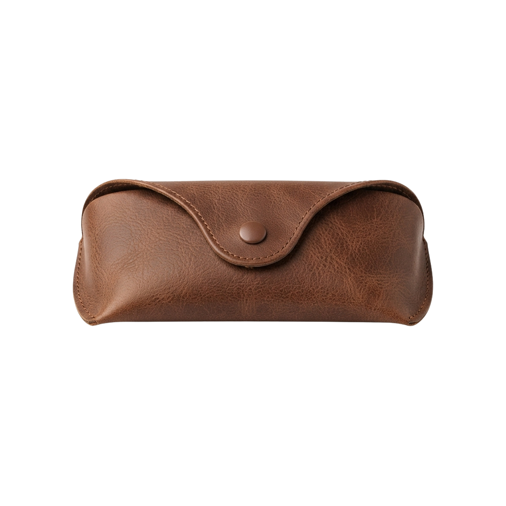 Brown leather eyeglass case with a button closure lying flat on a dark background