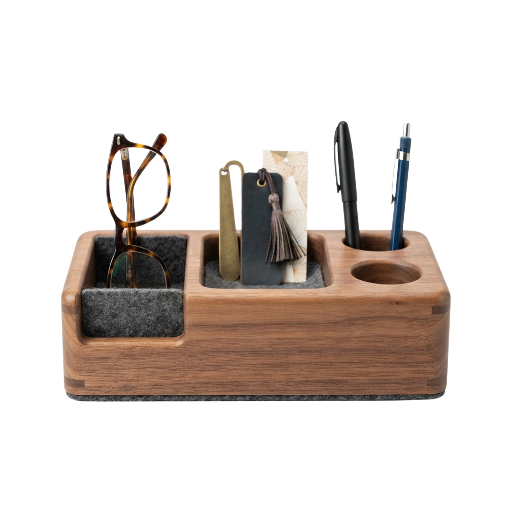 A wooden desk organizer holding eyeglasses, a tag, a feather duster, pens, and a small notepad.