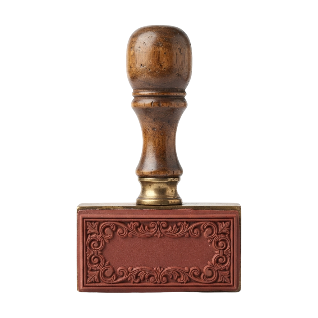 A wooden letter opener with a round handle and a decorative brass base featuring intricate carvings