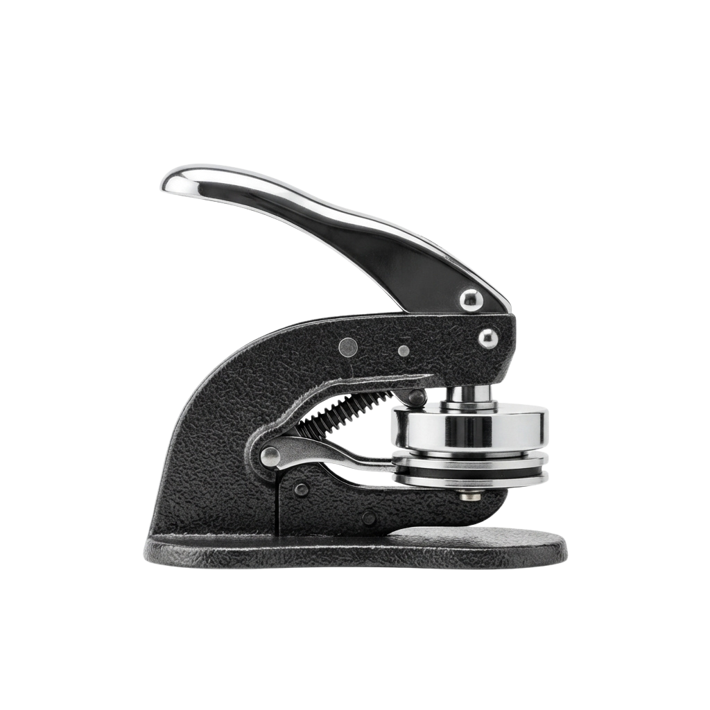 A black and silver metal hole punch with a lever handle and circular base.