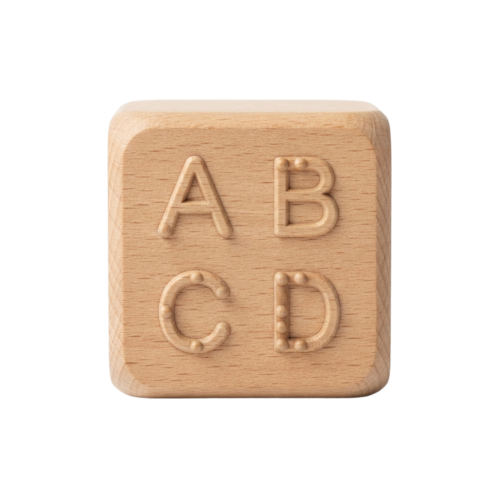 A wooden block with carved letters A, B, C, and D on each side