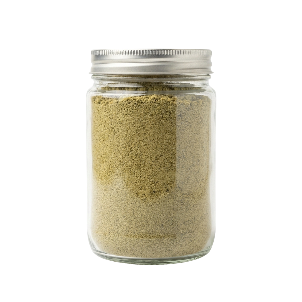 A clear glass jar with a white lid filled with light brown powdered spice.