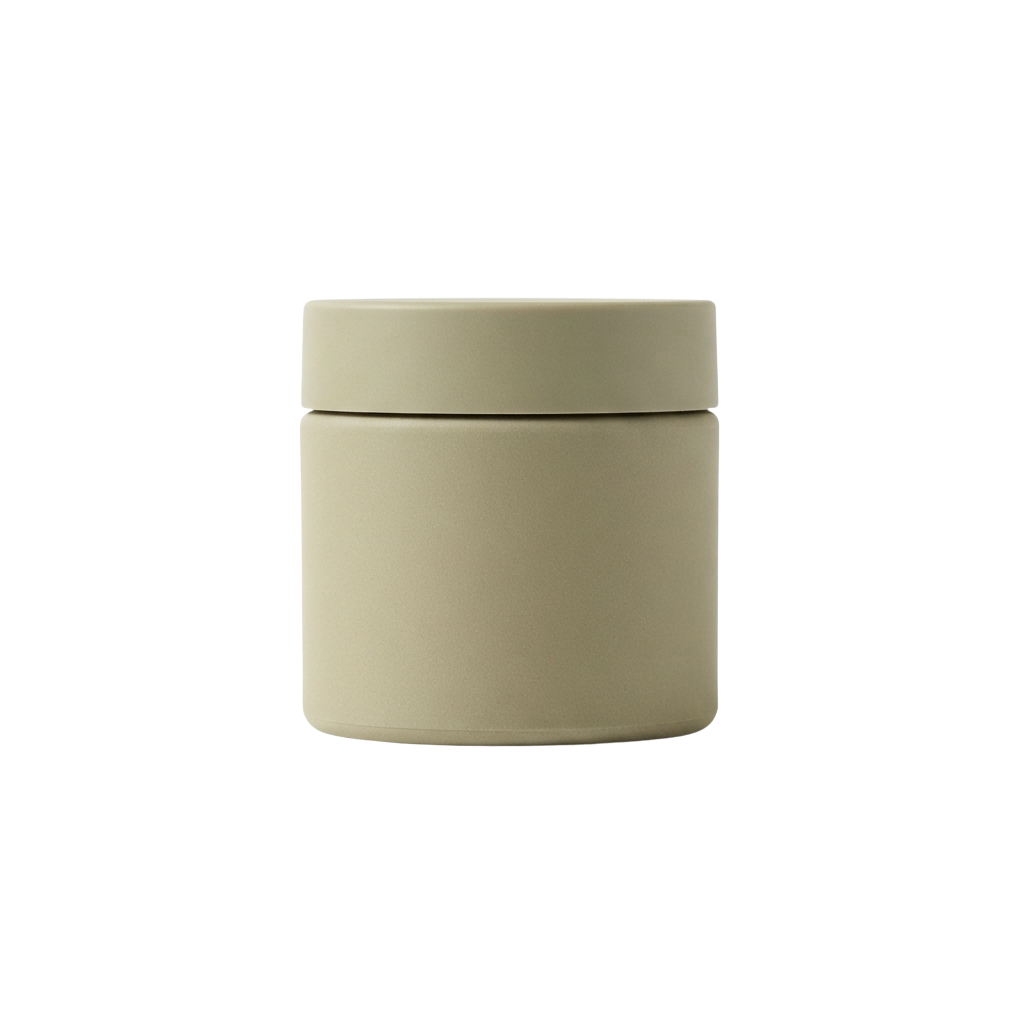 A small beige plastic jar with a screw-on lid against a black background
