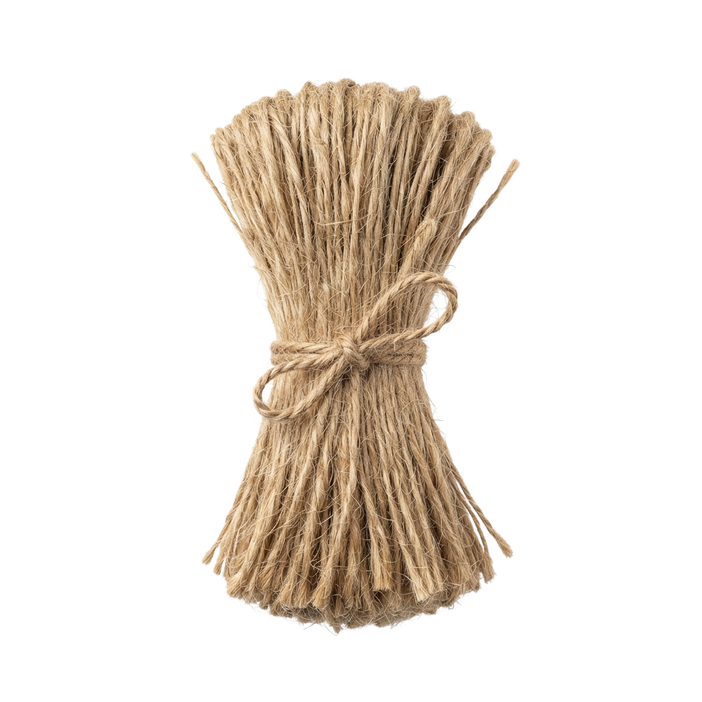 Bundle of light brown jute twine tied together with a knot against a black background