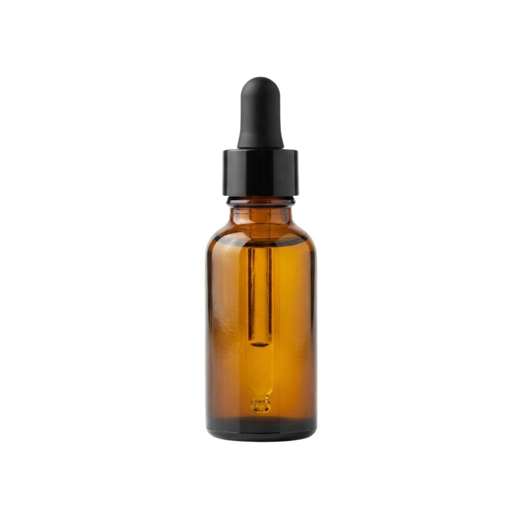 Amber glass dropper bottle with black cap and dropper top, containing a golden liquid