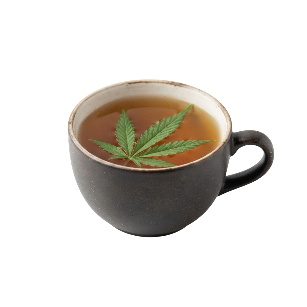 A ceramic mug filled with tea containing a cannabis leaf graphic floating inside