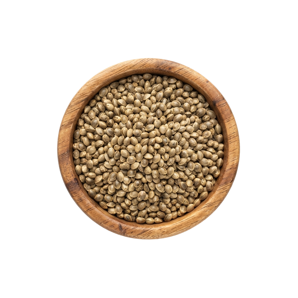 Wooden bowl filled with small, round, light brown coriander seeds