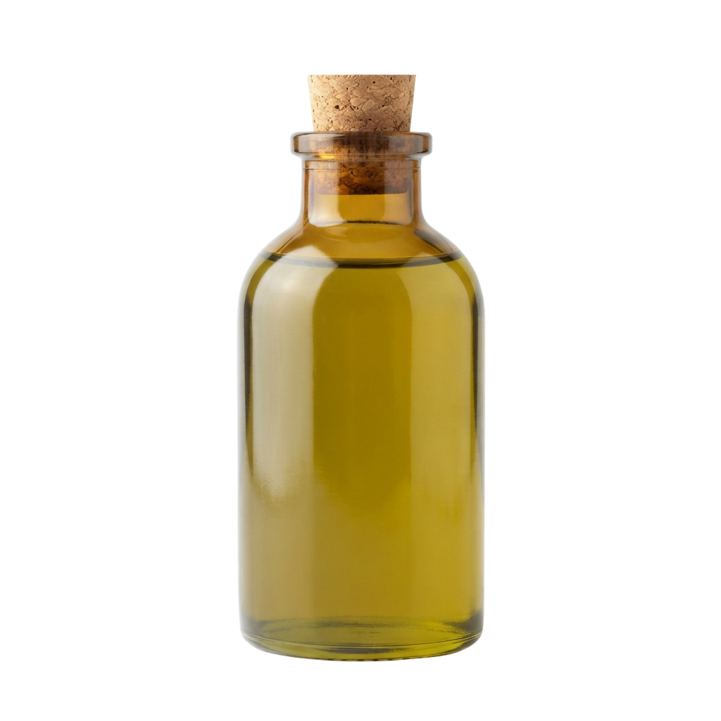 A clear amber glass bottle with a cork stopper filled with a golden liquid against a black background