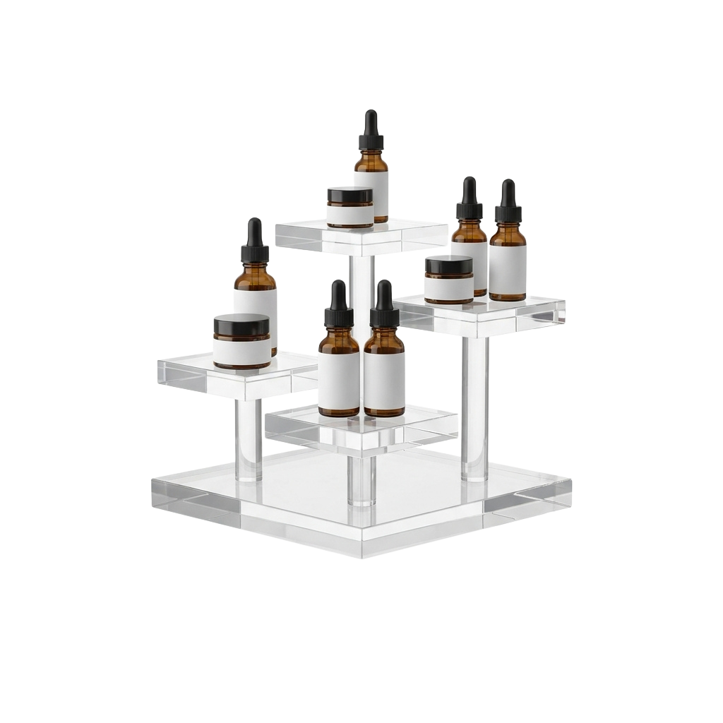 Three-tiered clear acrylic display holding six amber skincare dropper bottles and three white jars with black lids