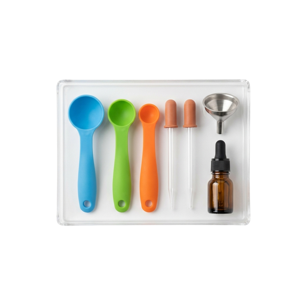 Set of five colorful measuring spoons, a dropper bottle, and a funnel in a white tray