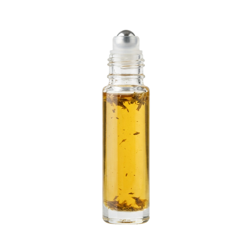 A clear glass bottle filled with golden liquid and small particles, topped with a white dropper cap