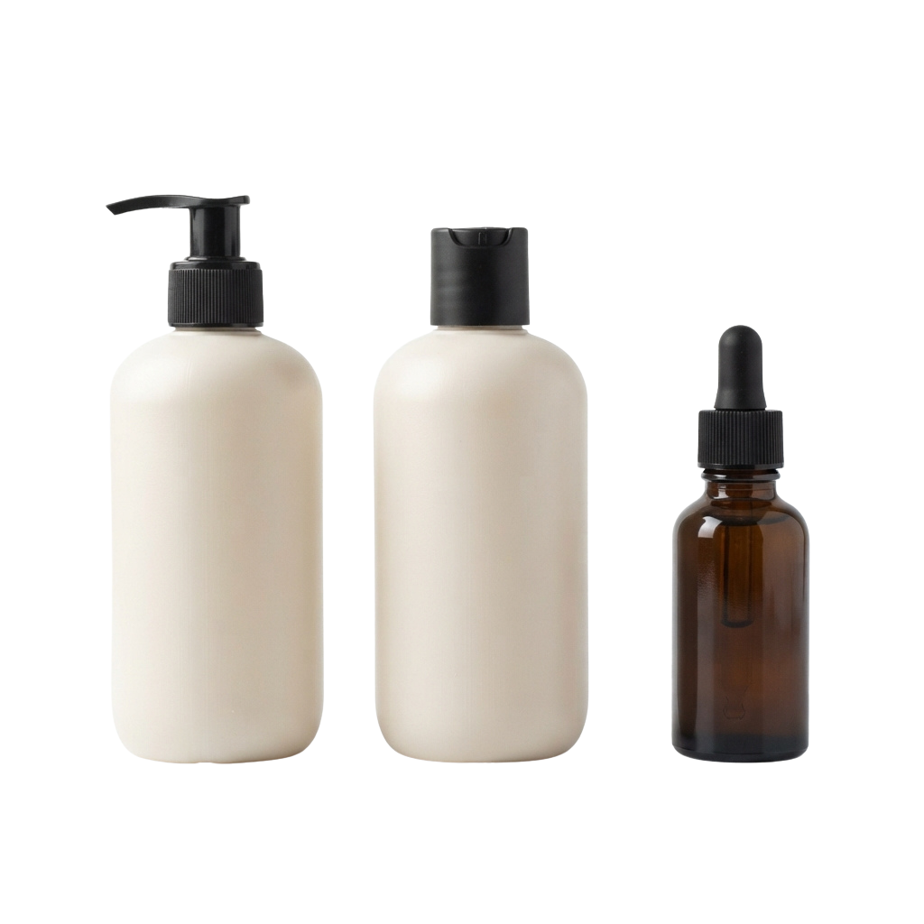 Three cosmetic containers: two white pump bottles and one amber dropper bottle against a black background