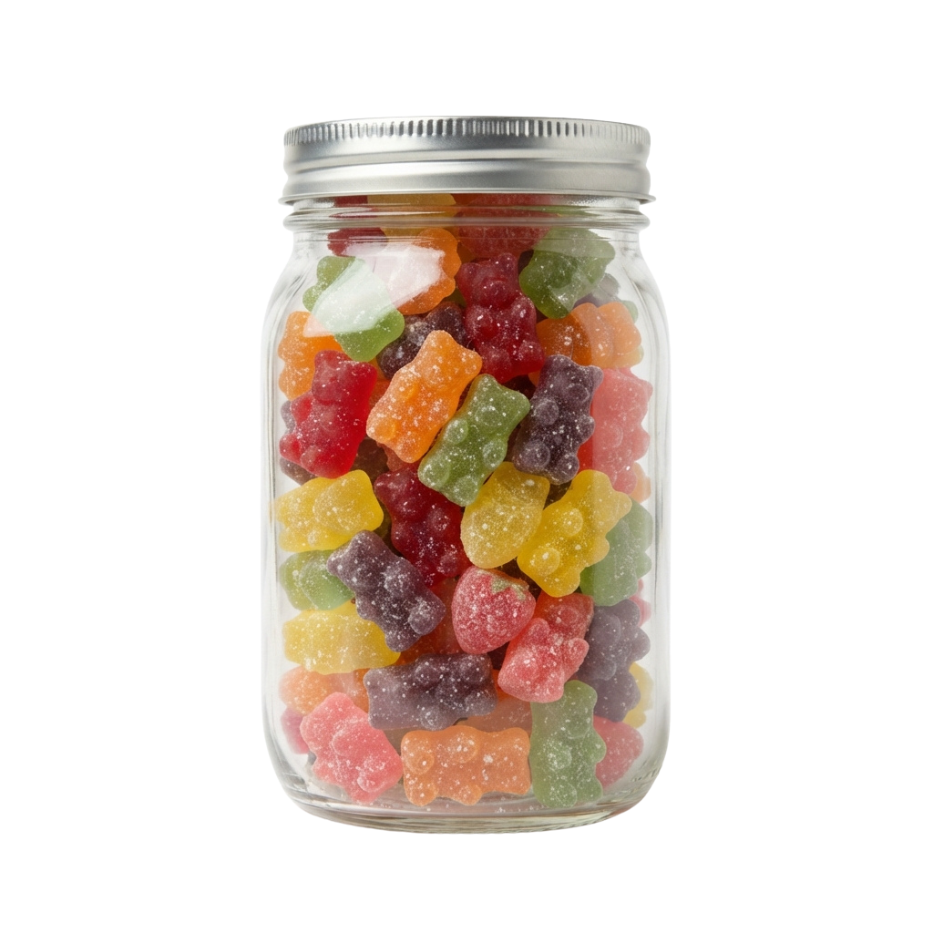 Glass jar filled with multicolored gummy bears including red, green, orange, yellow, and purple