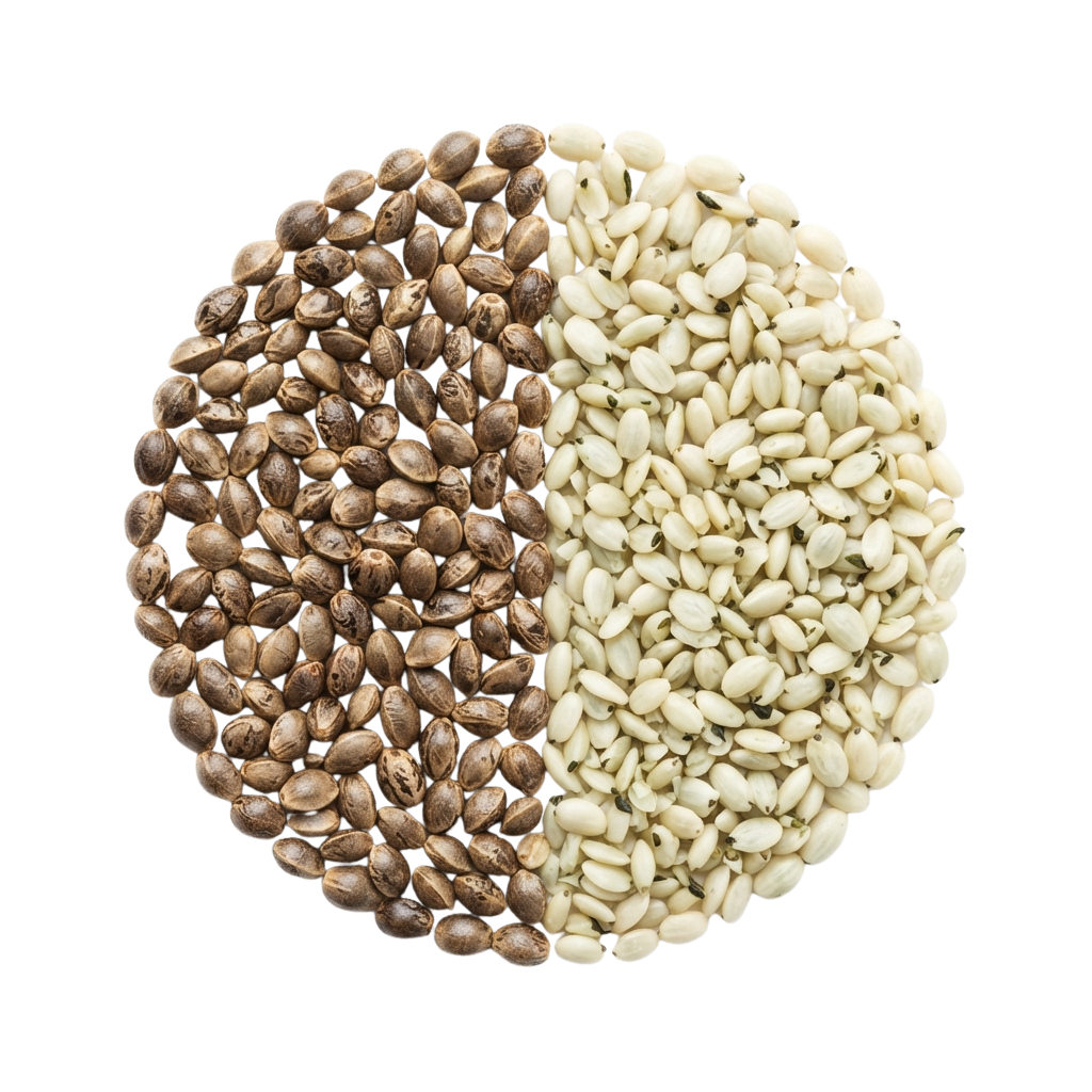 Two halves of a circle showing brown rice on the left and white rice on the right