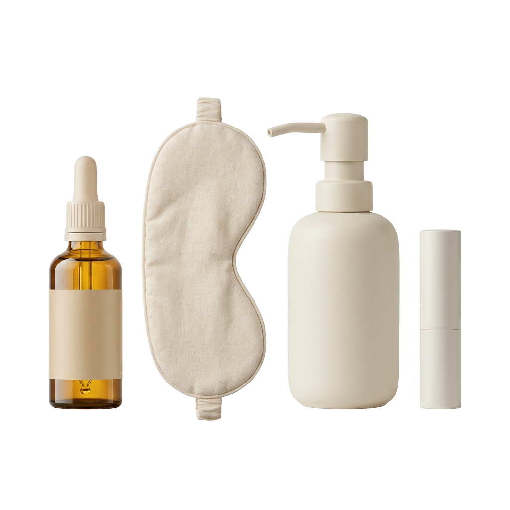 Four skincare items: amber dropper bottle, beige eye mask, white pump bottle, and white lip balm tube.