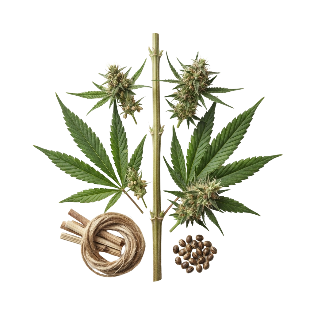 Illustration of a cannabis plant showing buds, leaves, hemp rope, and seeds against a black background