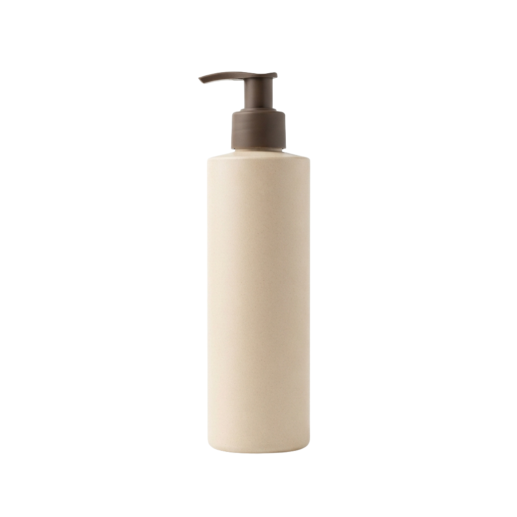 A white pump bottle with a beige pump dispenser against a black background