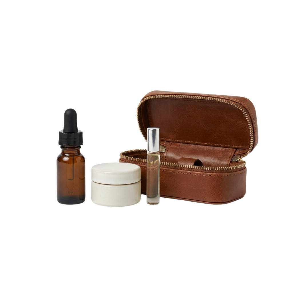 A brown leather case holding two amber serum bottles, a white jar, and a small rollerball bottle