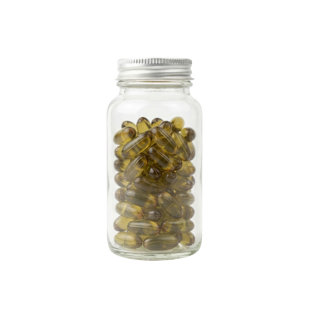 A clear glass bottle filled with fish oil capsules having a white cap