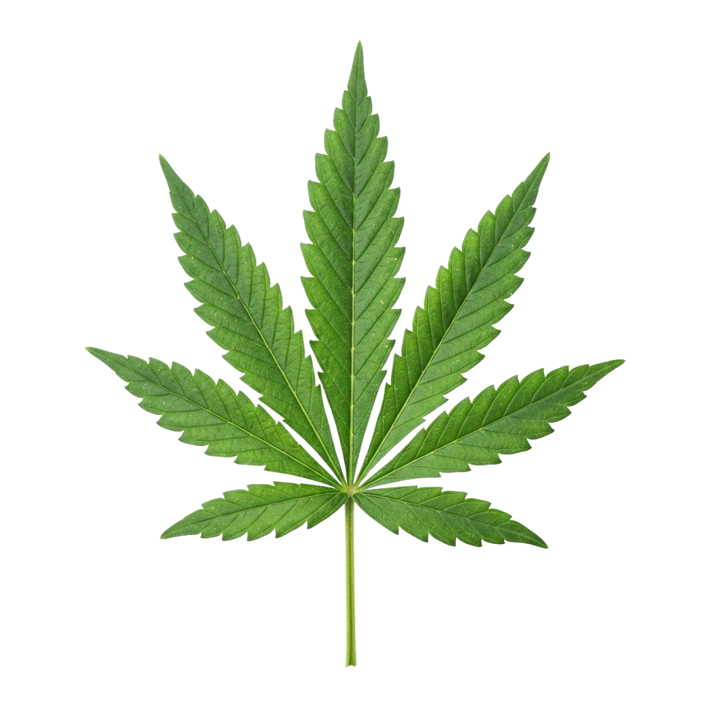 A detailed illustration of a single cannabis leaf with seven serrated leaflets against a black background