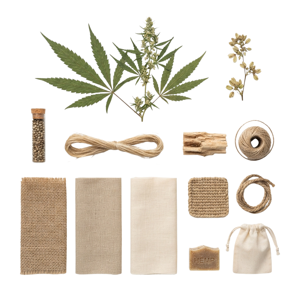 Collection of hemp leaves, seeds, fibers, twine, fabric, and woven items on black background