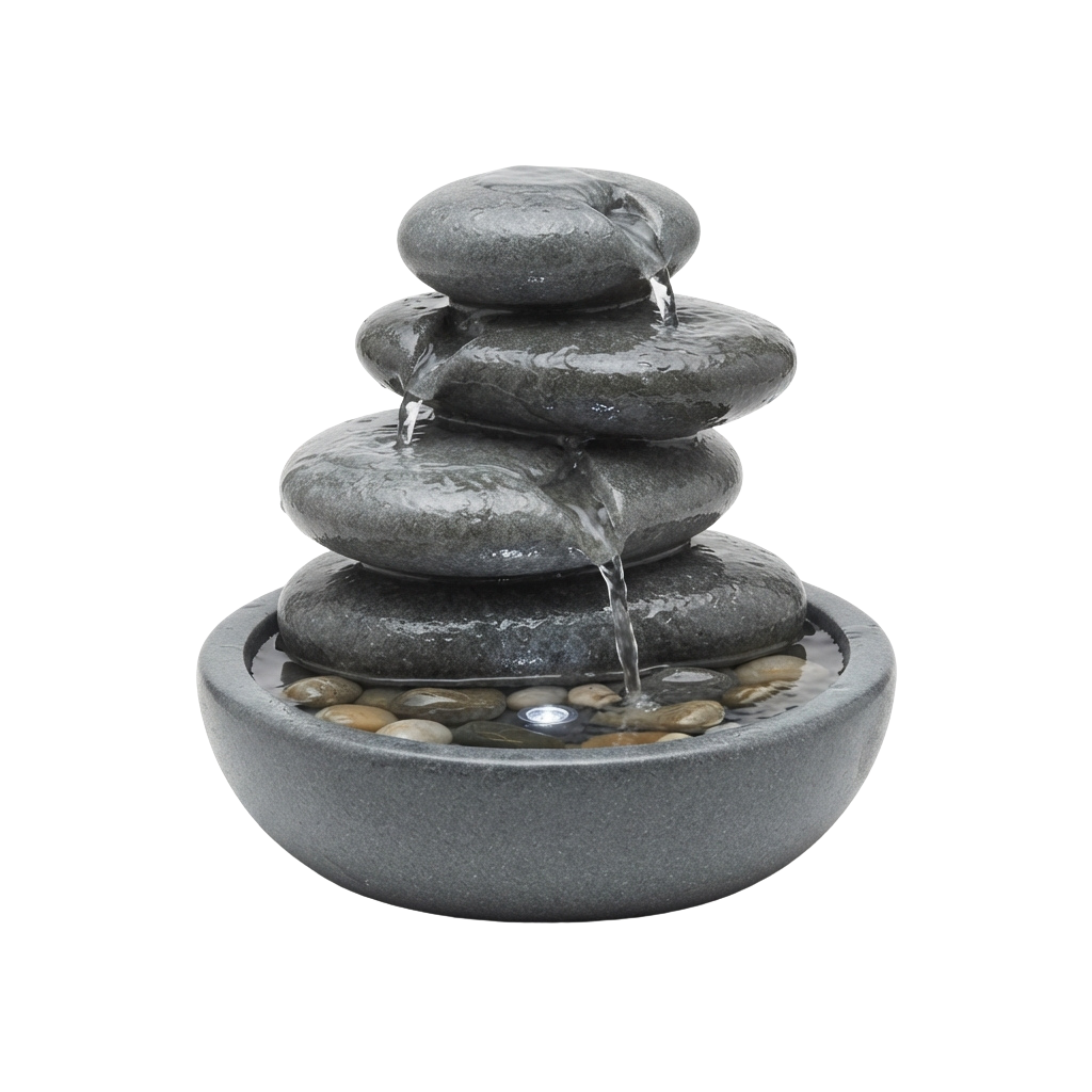 A water fountain with three stacked stones and flowing water into a basin filled with pebbles