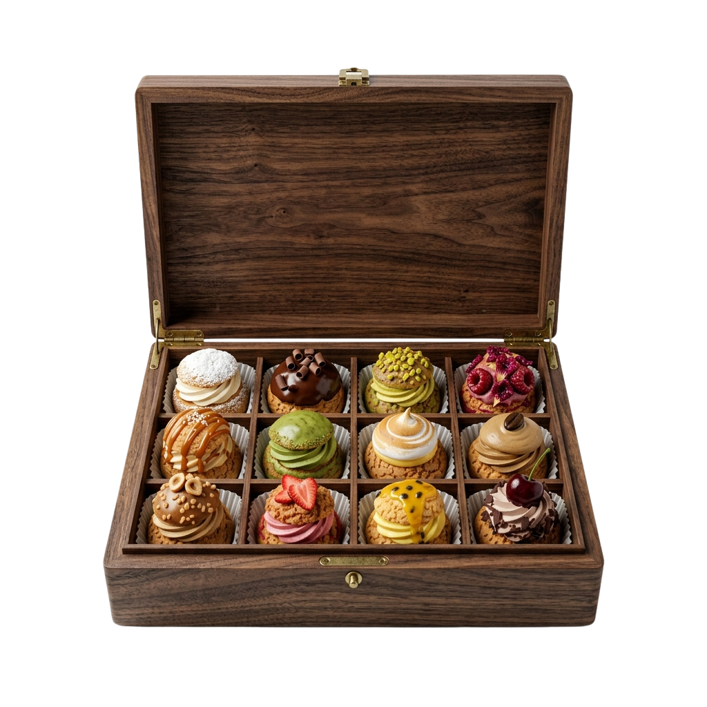Wooden box containing twelve colorful cupcakes with various frostings and toppings