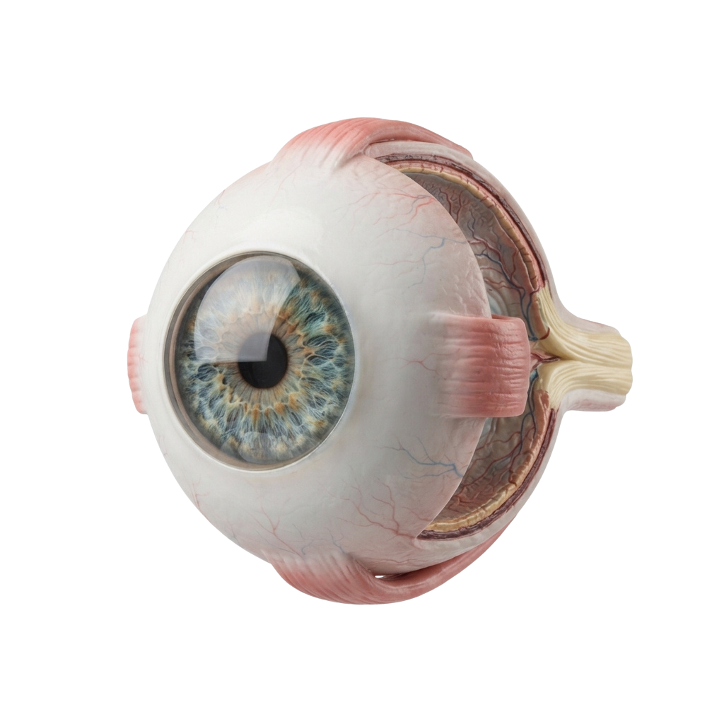 Anatomical model of a human eye with visible optic nerve and blood vessels on the surface