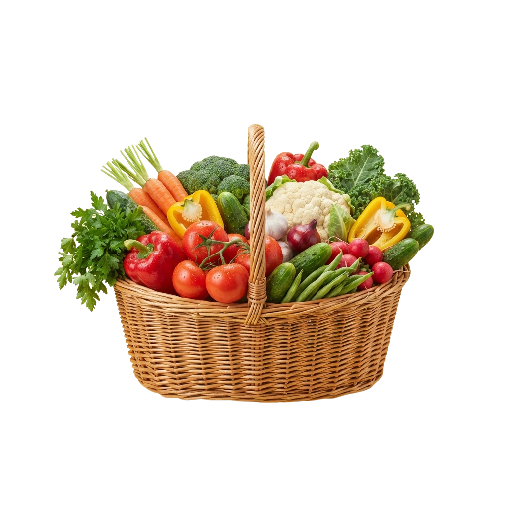 A woven basket filled with a variety of fresh vegetables including carrots, tomatoes, broccoli, and more