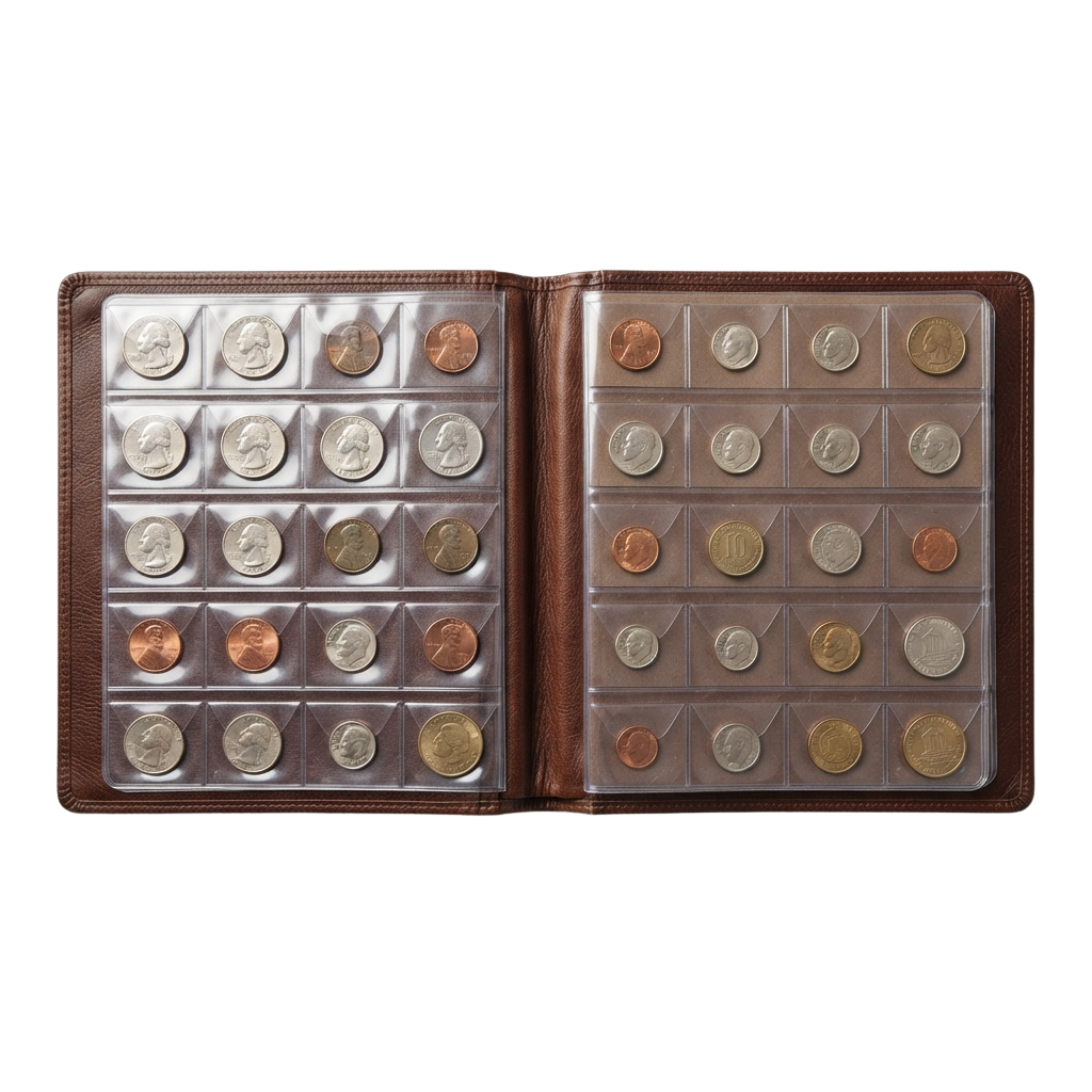 Open leather coin album displaying organized US coins in clear plastic holders