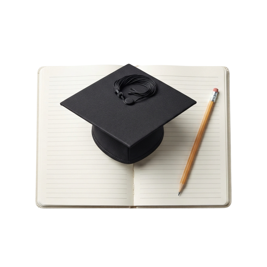 Black graduation cap on an open notebook with a wooden pencil beside it