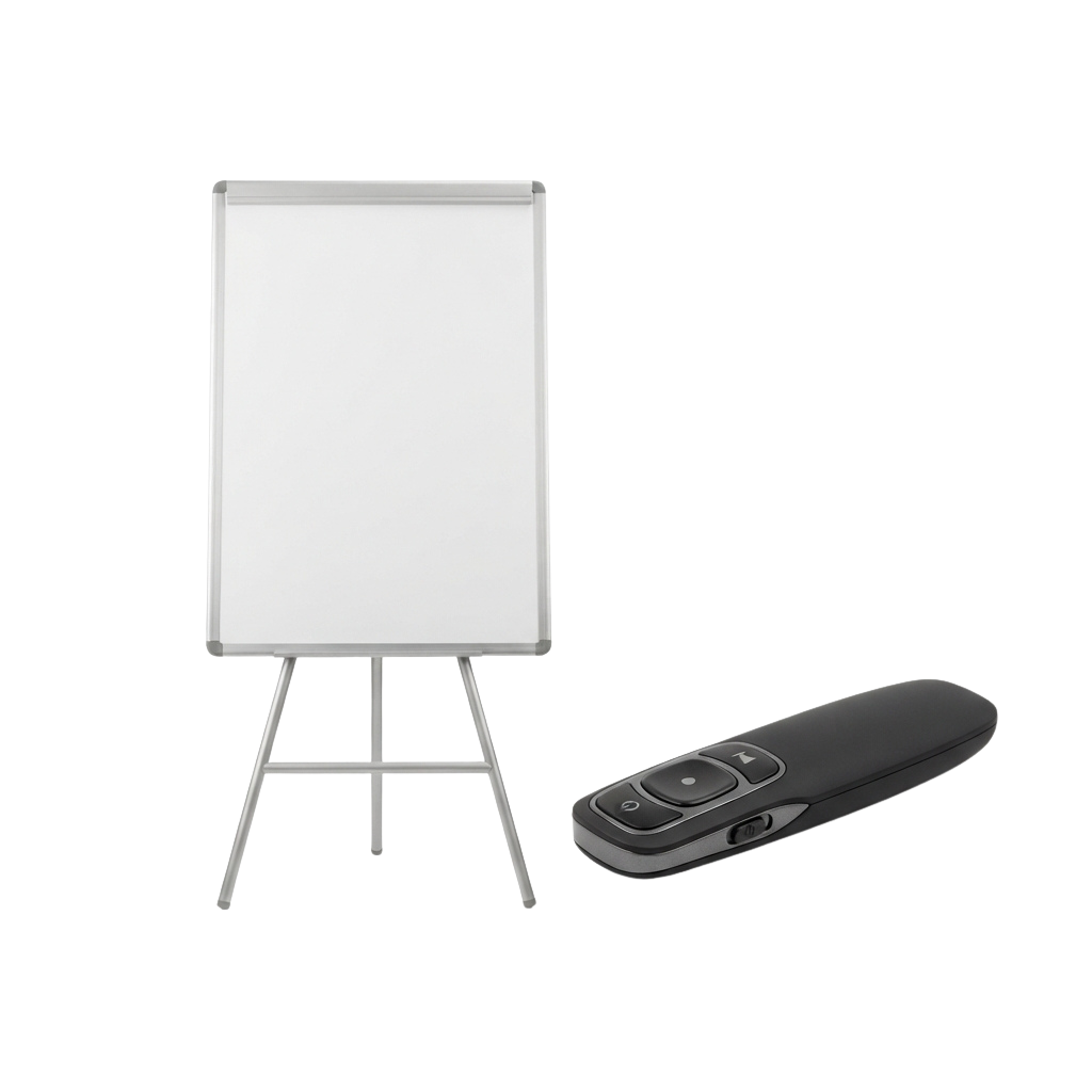 White flip chart on a tripod stand with a black remote presenter next to it
