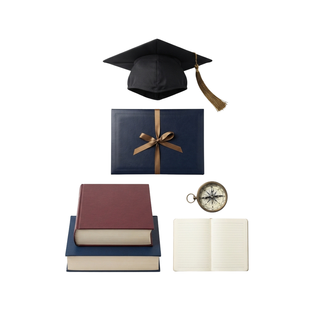 Graduation cap, gift box, stack of books, notebook, and compass on black background