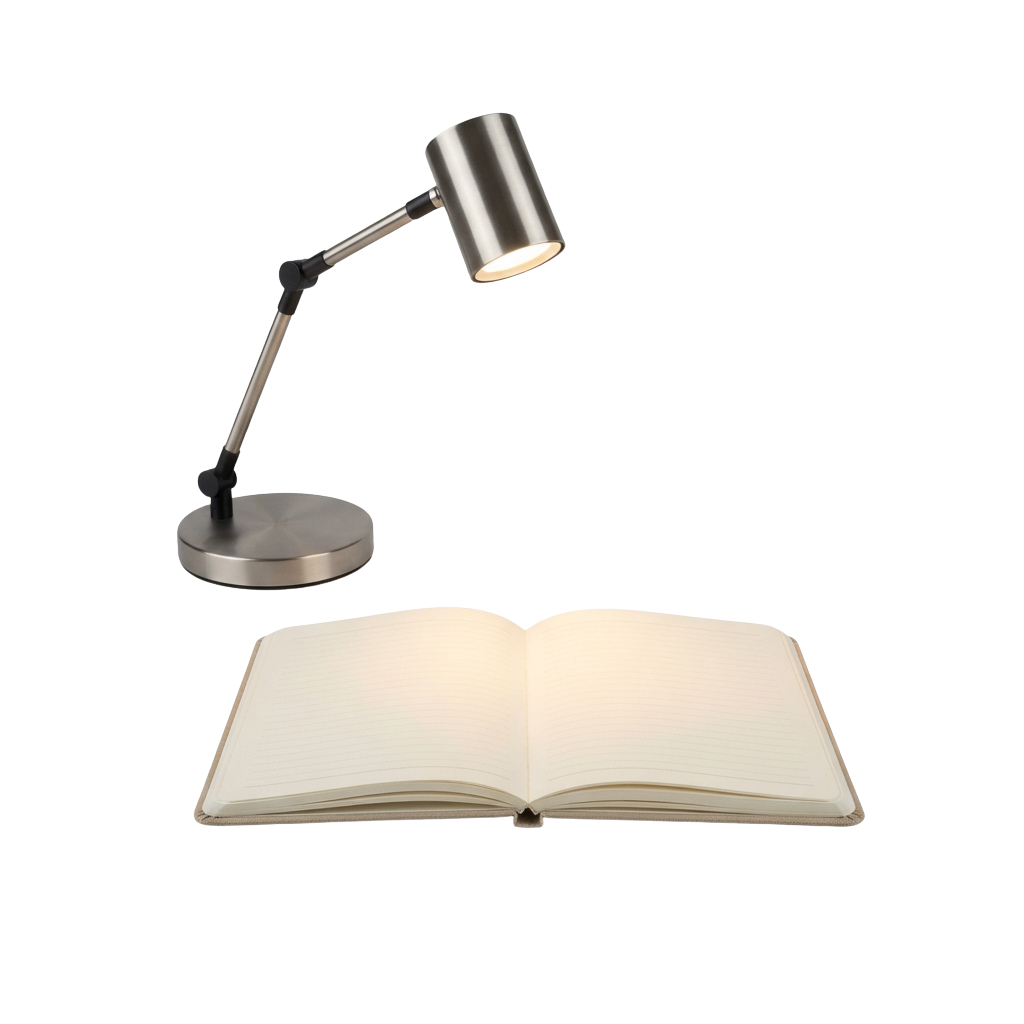 A sleek desk lamp with adjustable arm shining light on an open blank notebook.