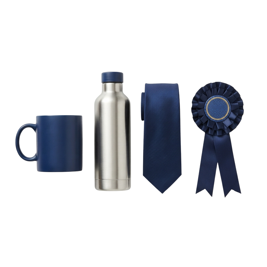 Award set featuring a navy blue mug, insulated bottle, tie, and ribbon on a black background