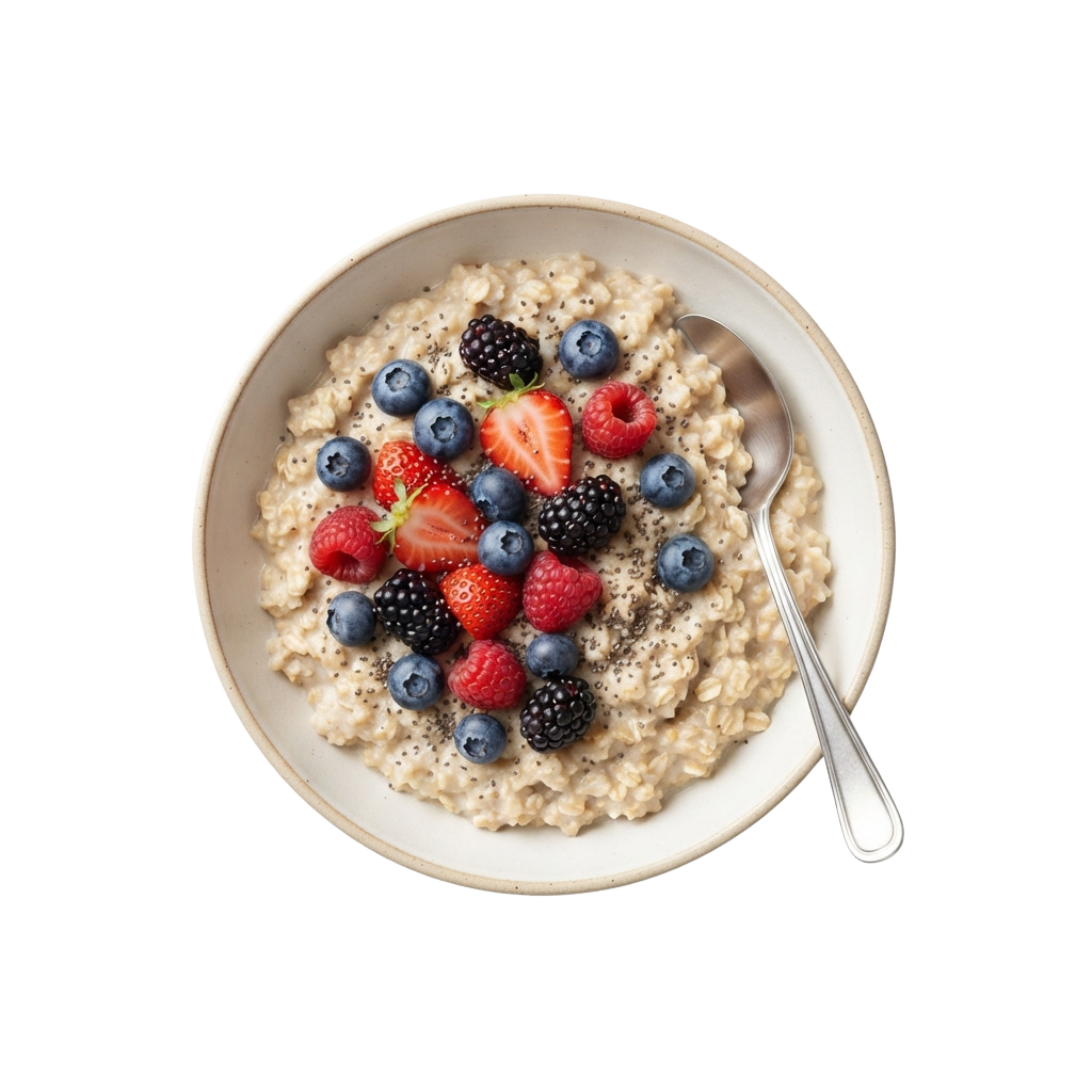 Bowl of oatmeal topped with fresh blueberries, raspberries, blackberries, and sliced strawberries with a spoon