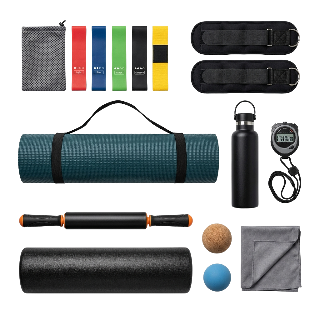 Assorted fitness gear including a yoga mat, foam roller, resistance bands, water bottle, timer, massage balls, and towel.
