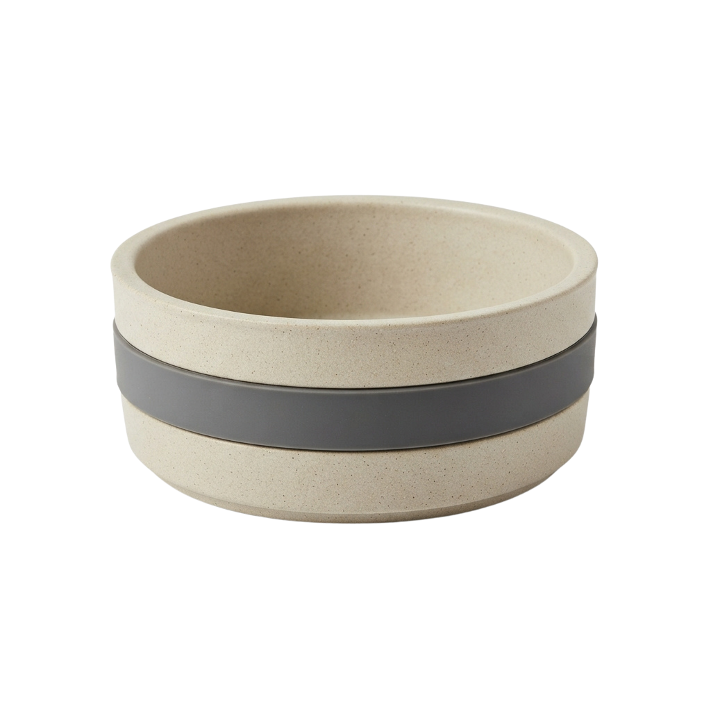 A simple ceramic bowl with three gray horizontal bands around its exterior on a neutral background