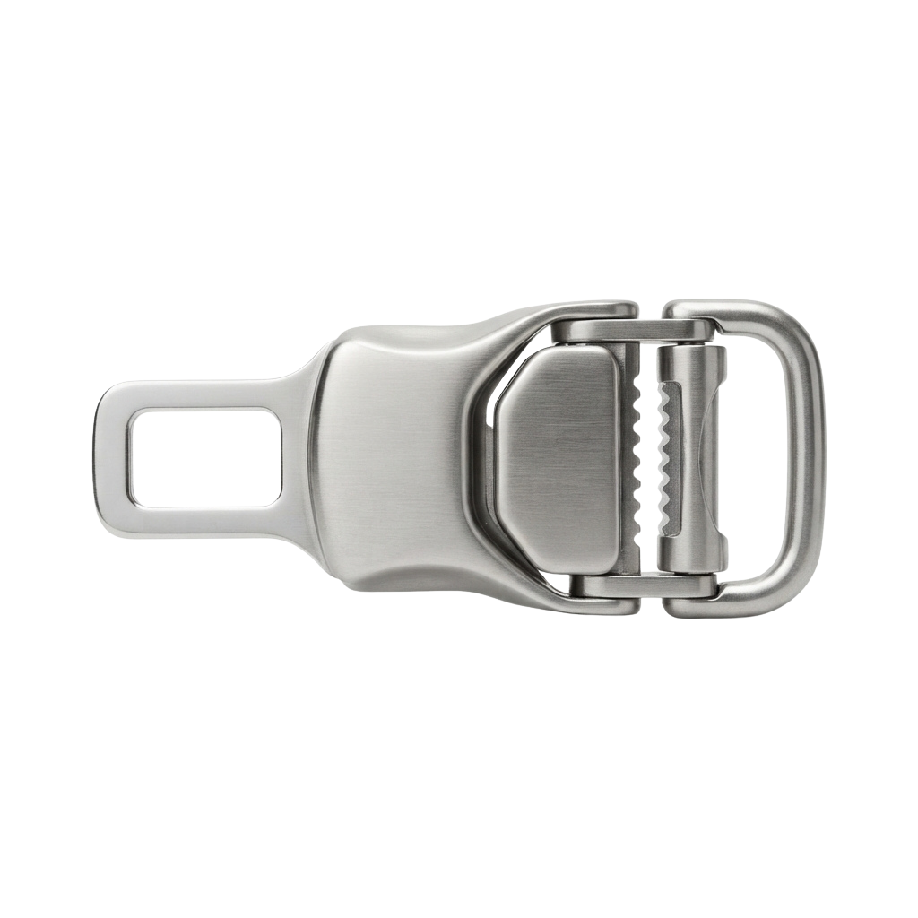 Close-up of a silver car seatbelt buckle with latch mechanism