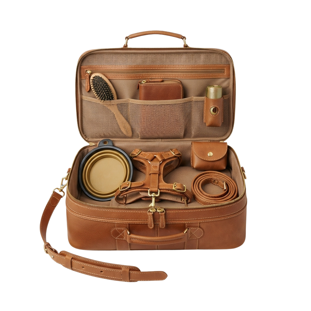 Open leather travel case displaying grooming tools and accessories inside compartments