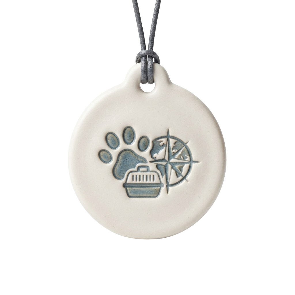 Round keychain charm with paw print, compass, and pet carrier illustration