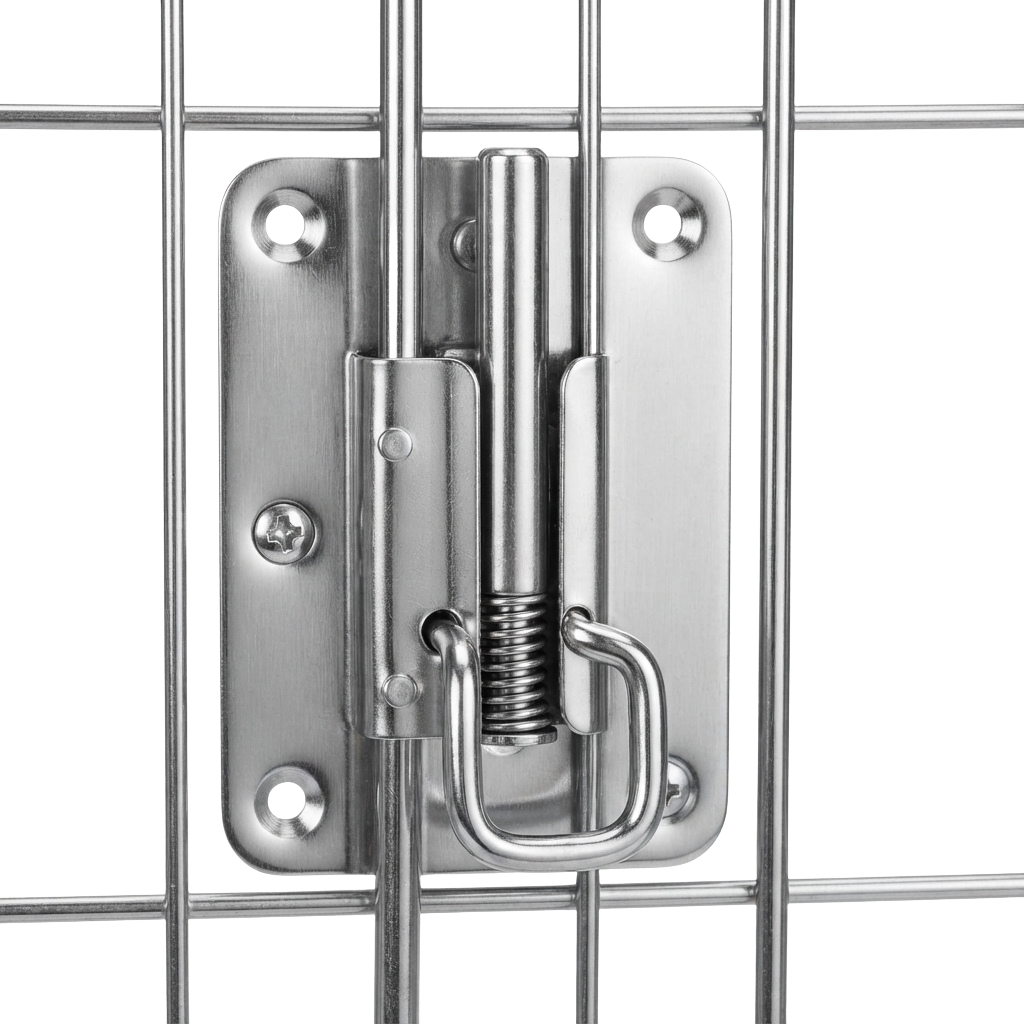 Close-up of a stainless steel door closer attached to a metal gate with springs and hinges