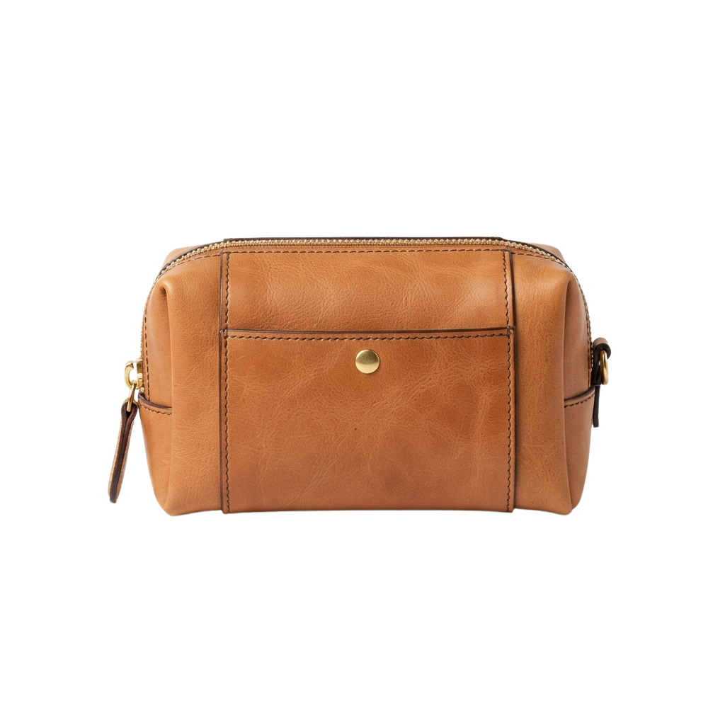 A tan leather pouch with a zipper closure and adjustable shoulder strap.